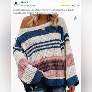 💙🎀🤍ZESICA Women's Long Crew Neck Striped Color Block Pullover Sweater🤍🎀💙